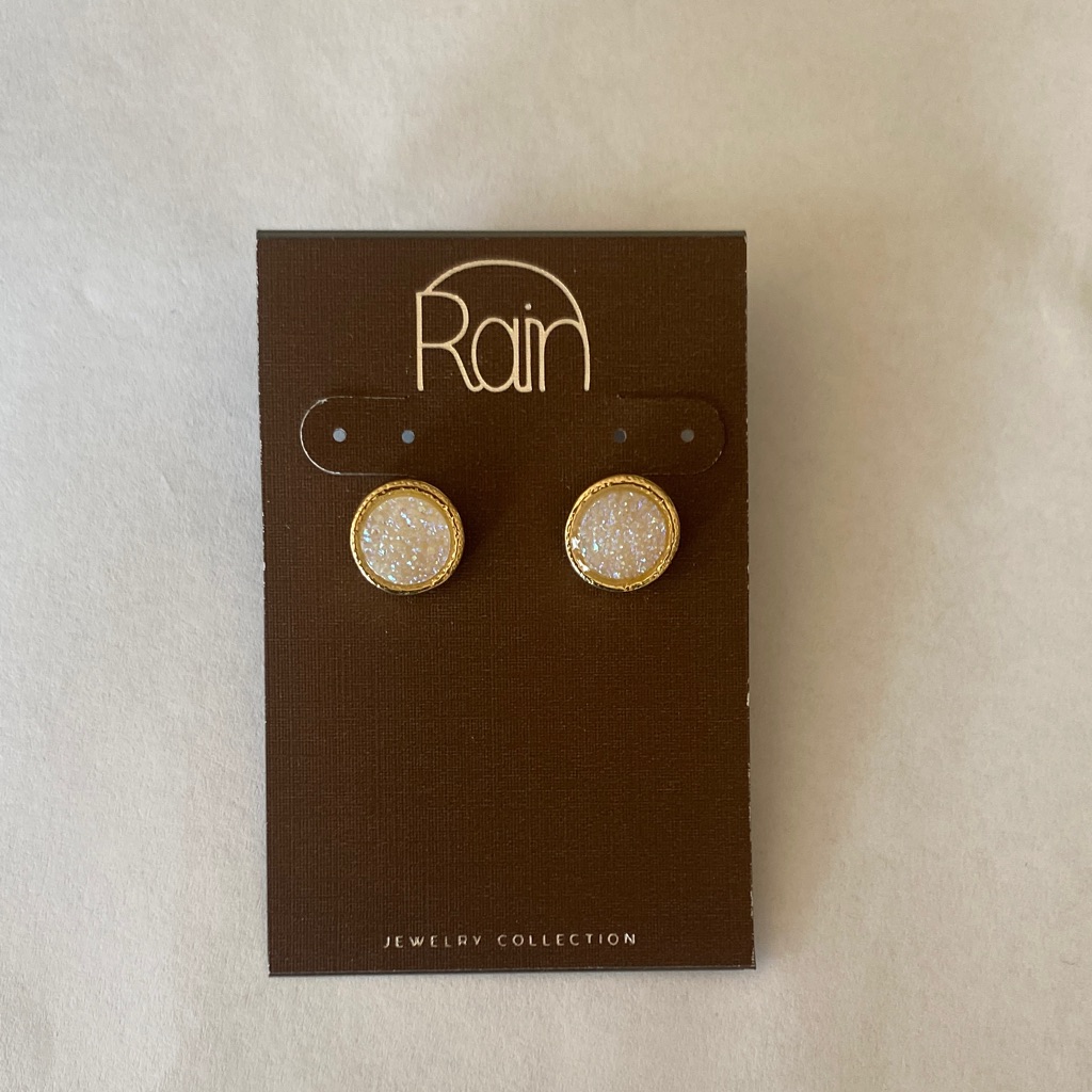 Rain Gold Druzy Stud Pierced Earrings - White Sparkle New On Card